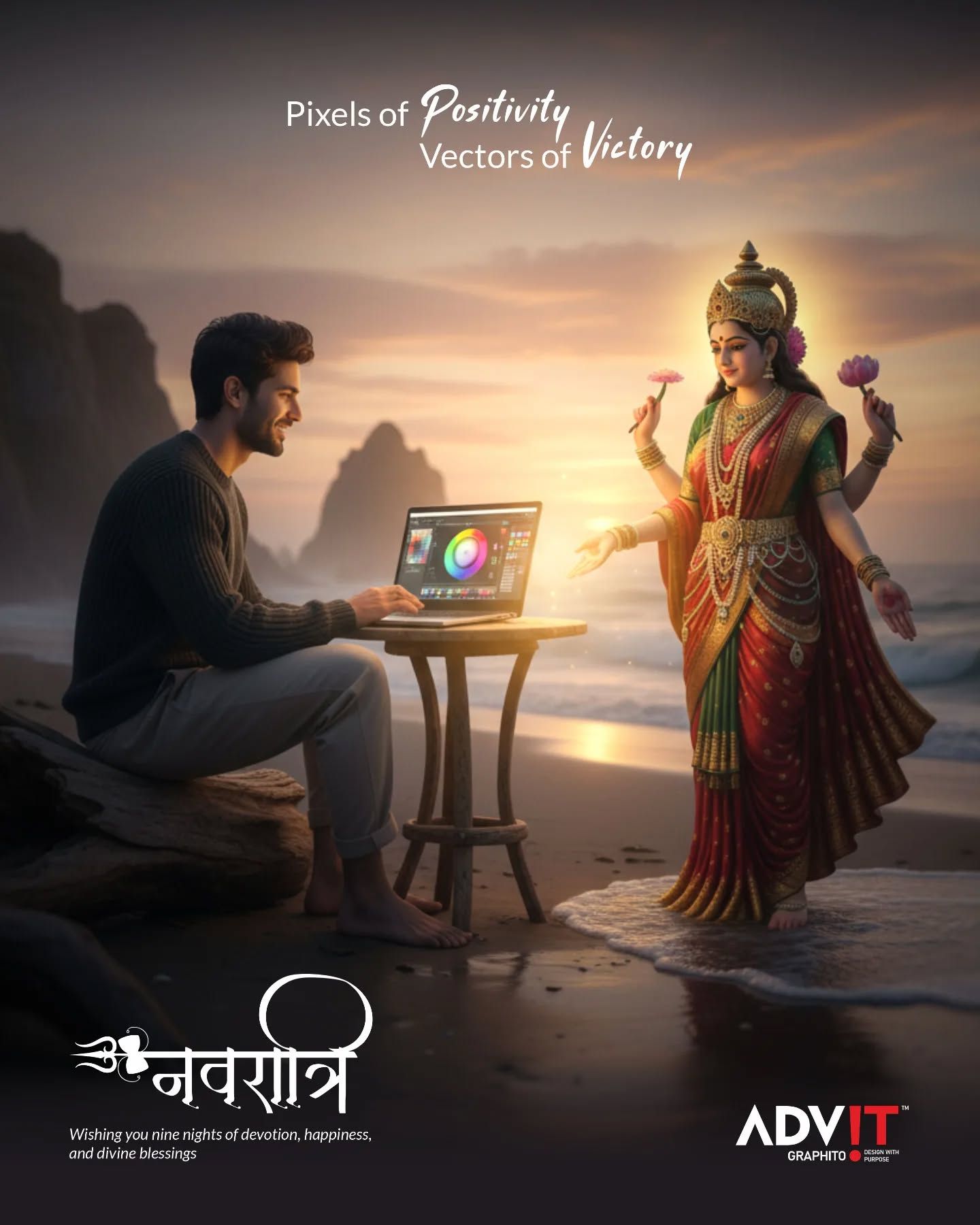 Designer at laptop on beach blessed by four-armed goddess