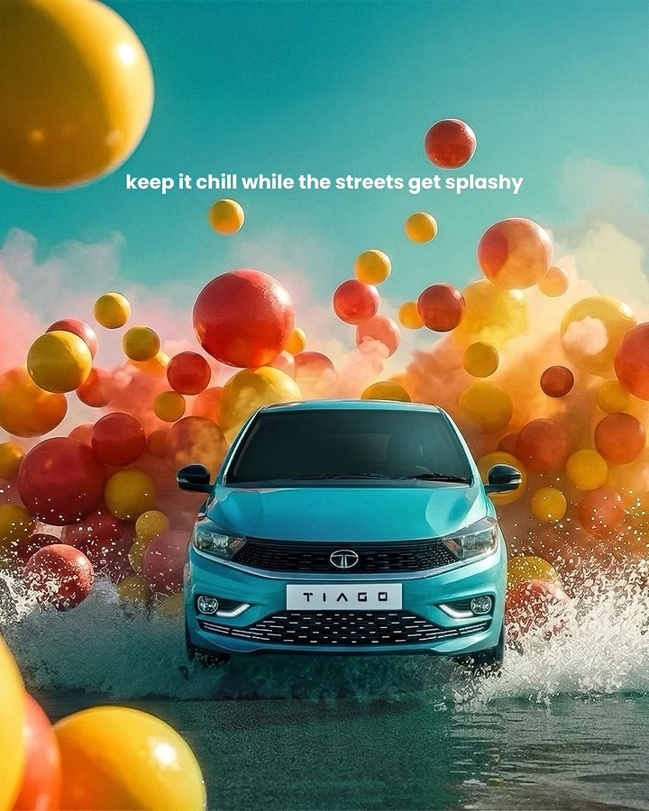 Holi creative ad: Car driving through color balloons splash