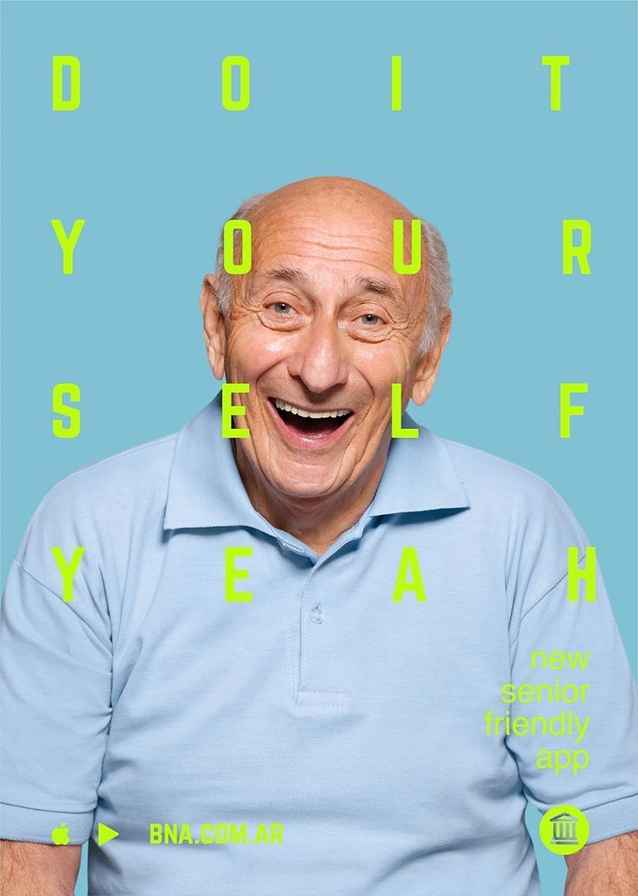 Senior Care creative ad: Bold grid type around joyful senior