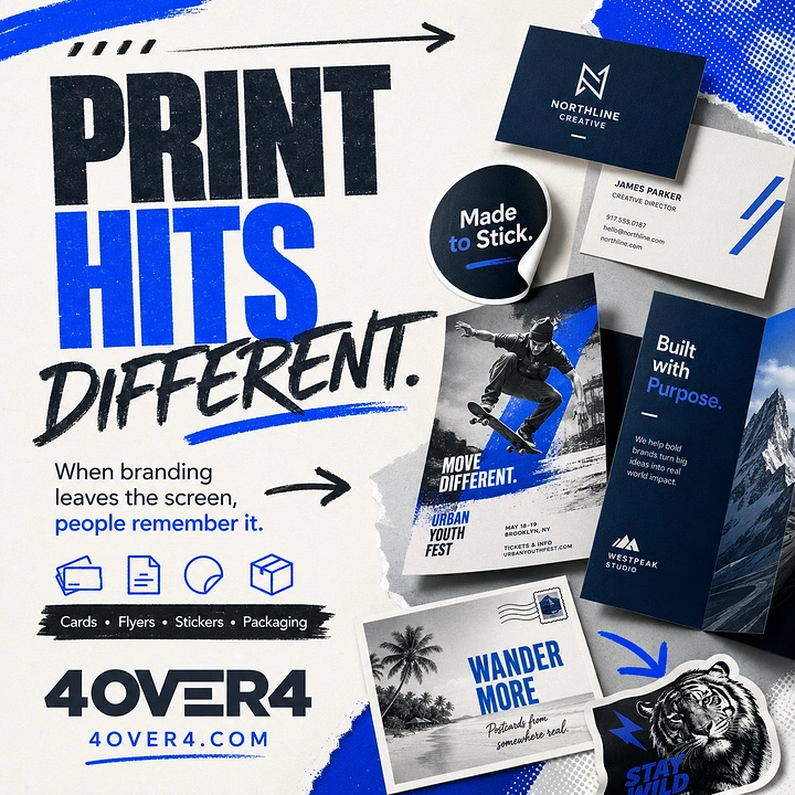 Printing Shops creative ad: Bold 'Print Hits Different' collage of branded print
