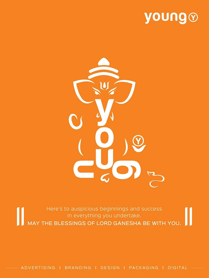 Ganesh Chaturthi creative ad: Ganesha figure formed from the brand's name letters in white line art
