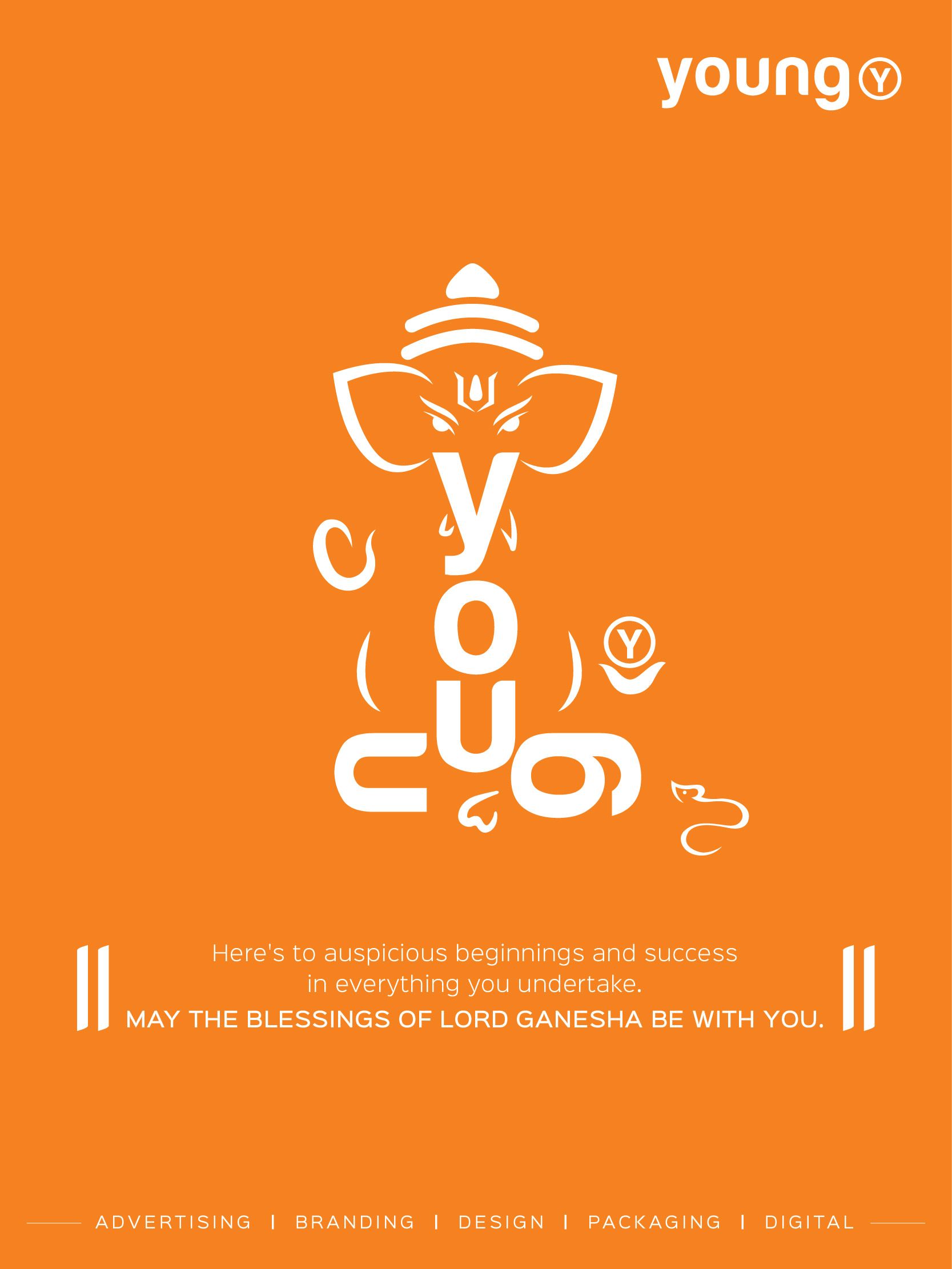 Ganesha figure formed from the brand's name letters in white line art