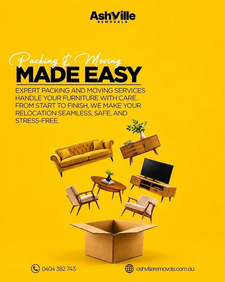 Movers & Packers creative ad: Whole home's furniture floating into one box