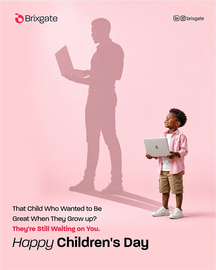 Children's Day creative ad: Boy holding laptop, casting the shadow of a grown professional