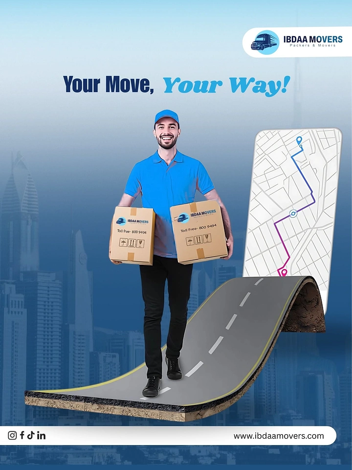 Movers & Packers creative ad: Phone map route unrolls into road