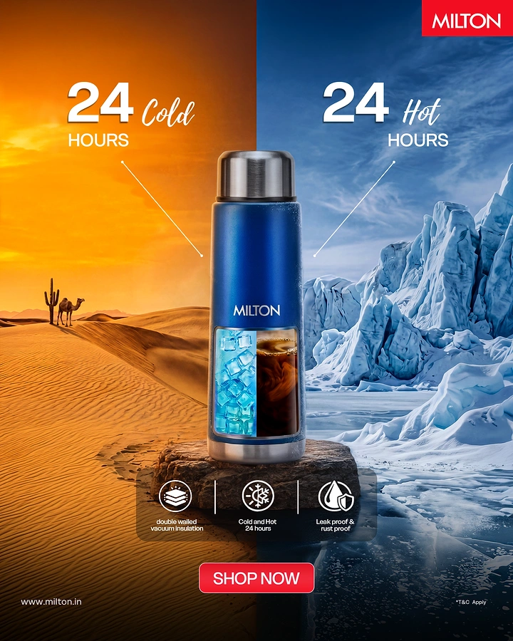 Tumblers, Flasks & Drinkware creative ad: Desert-and-glacier temperature split concept