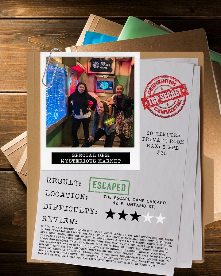 Escape Rooms creative ad: Escape result presented as case file
