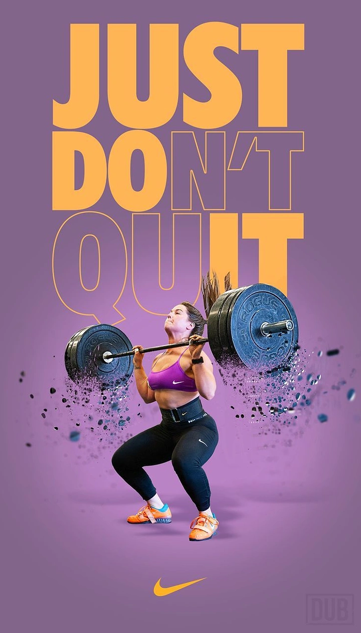 Creative ad: Female weightlifter squatting with a barbell whose plates shatter into particles