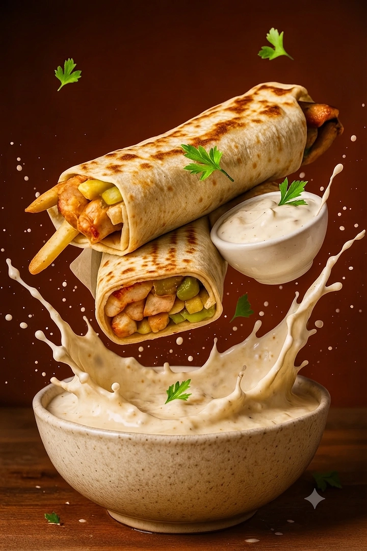 Arabic & Middle Eastern Restaurants creative ad: Dramatic shawarma yogurt-splash composition