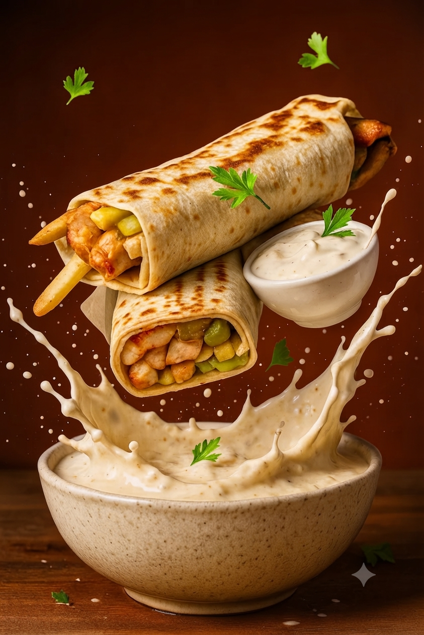 Story: Dramatic shawarma yogurt-splash composition