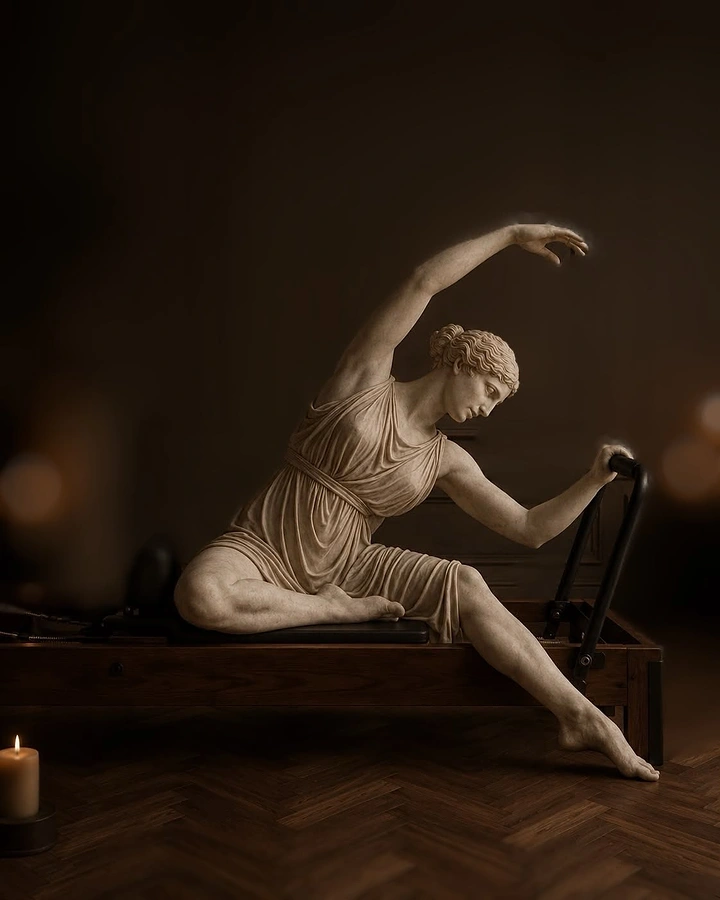Pilates Studios creative ad: Classical Greek statue doing a side stretch on a Pilates reformer
