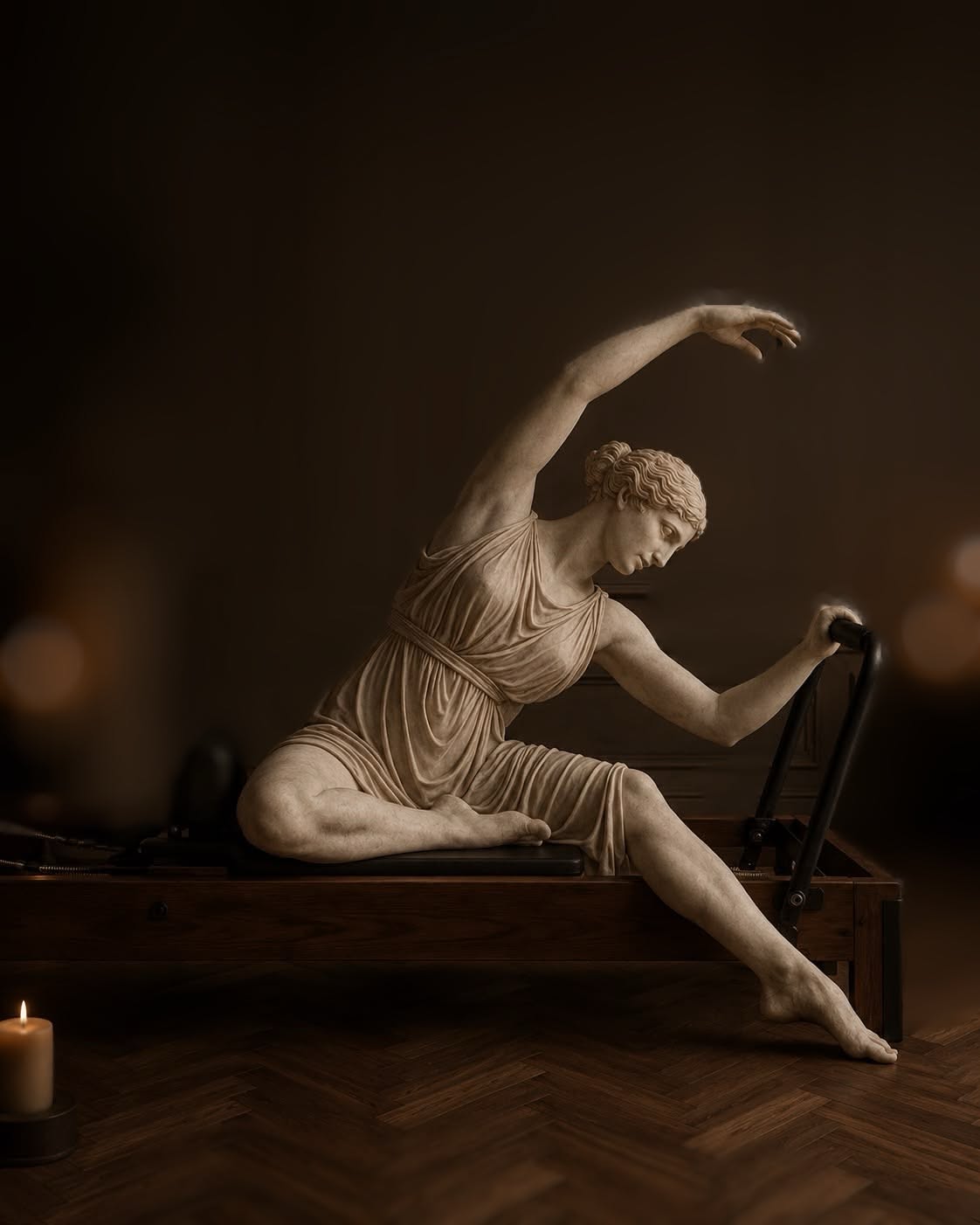 Instagram post: Classical Greek statue doing a side stretch on a Pilates reformer
