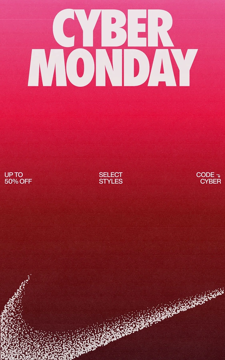 Cyber Monday creative ad: Brand swoosh made of dispersing white particles