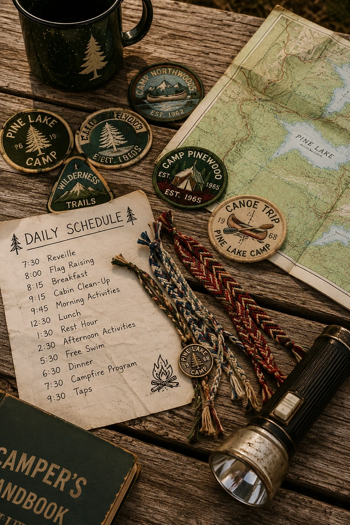 Summer Camps & Kids Activities creative ad: Camp handbook flatlay with ephemera