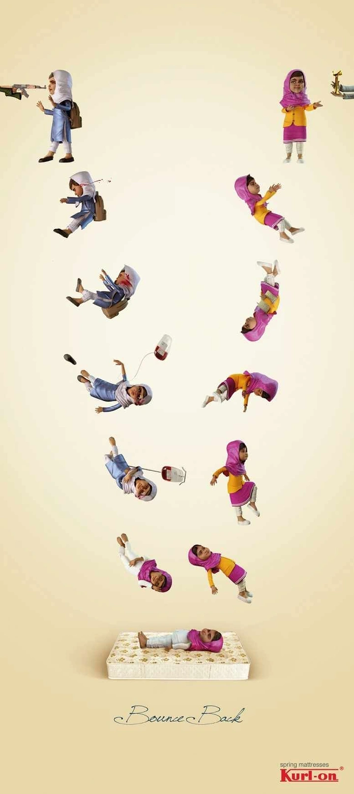 Mattress & Bedding creative ad: 3D girl figures falling in stages and bouncing back onto a mattress