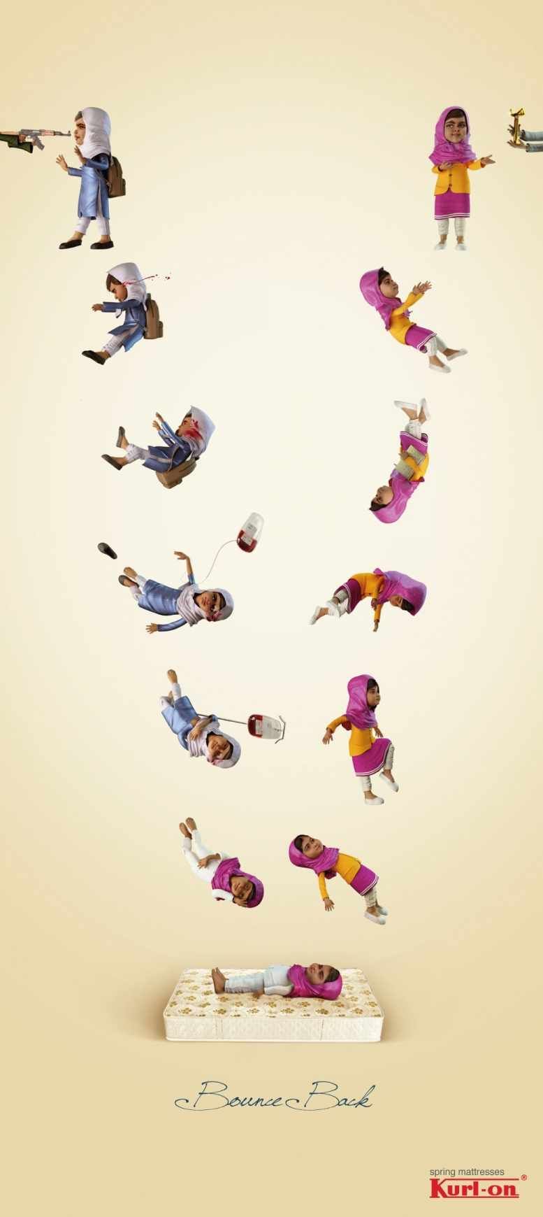 Banner: 3D girl figures falling in stages and bouncing back onto a mattress