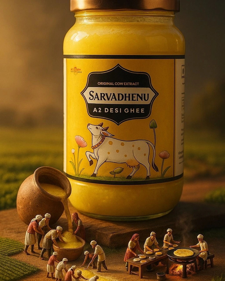 Dairy Brands creative ad: Miniature villagers making ghee around jar