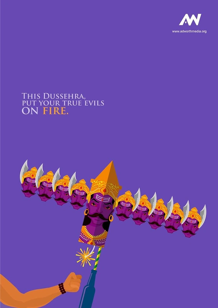 Dussehra creative ad: Ten-headed Ravana as a rocket firecracker being lit