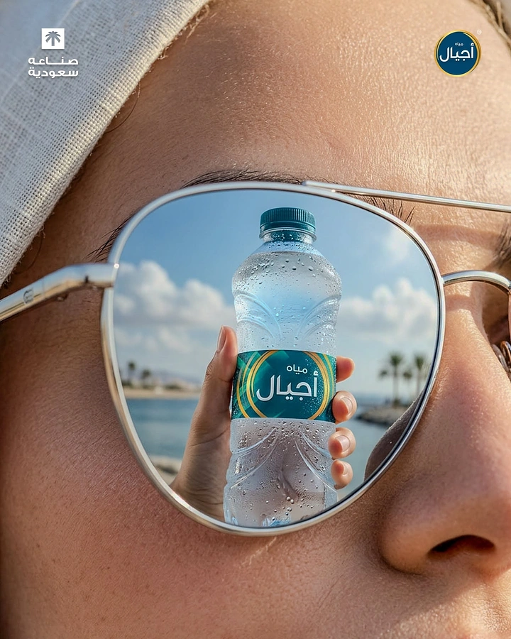 Packaged Drinking Water creative ad: Bottle reflected through sunglasses creates viewpoint