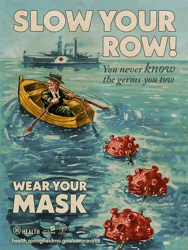 Creative ad: Old man rowing a boat towing coronavirus-shaped sea mines