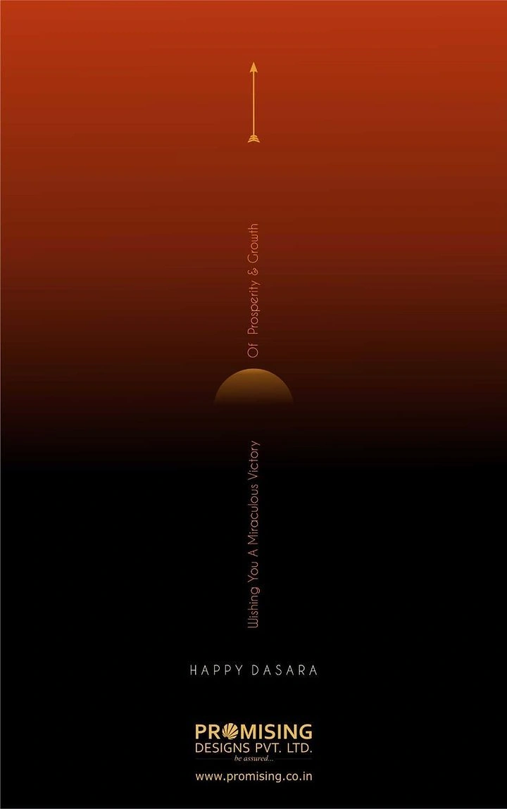 Dussehra creative ad: Thin golden arrow rising above a half-sun on a red-to-black gradient
