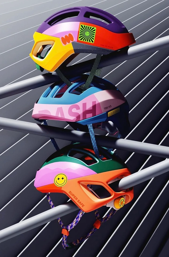 Helmets & Riding Gear creative ad: Unexpected stacked colorful helmet composition