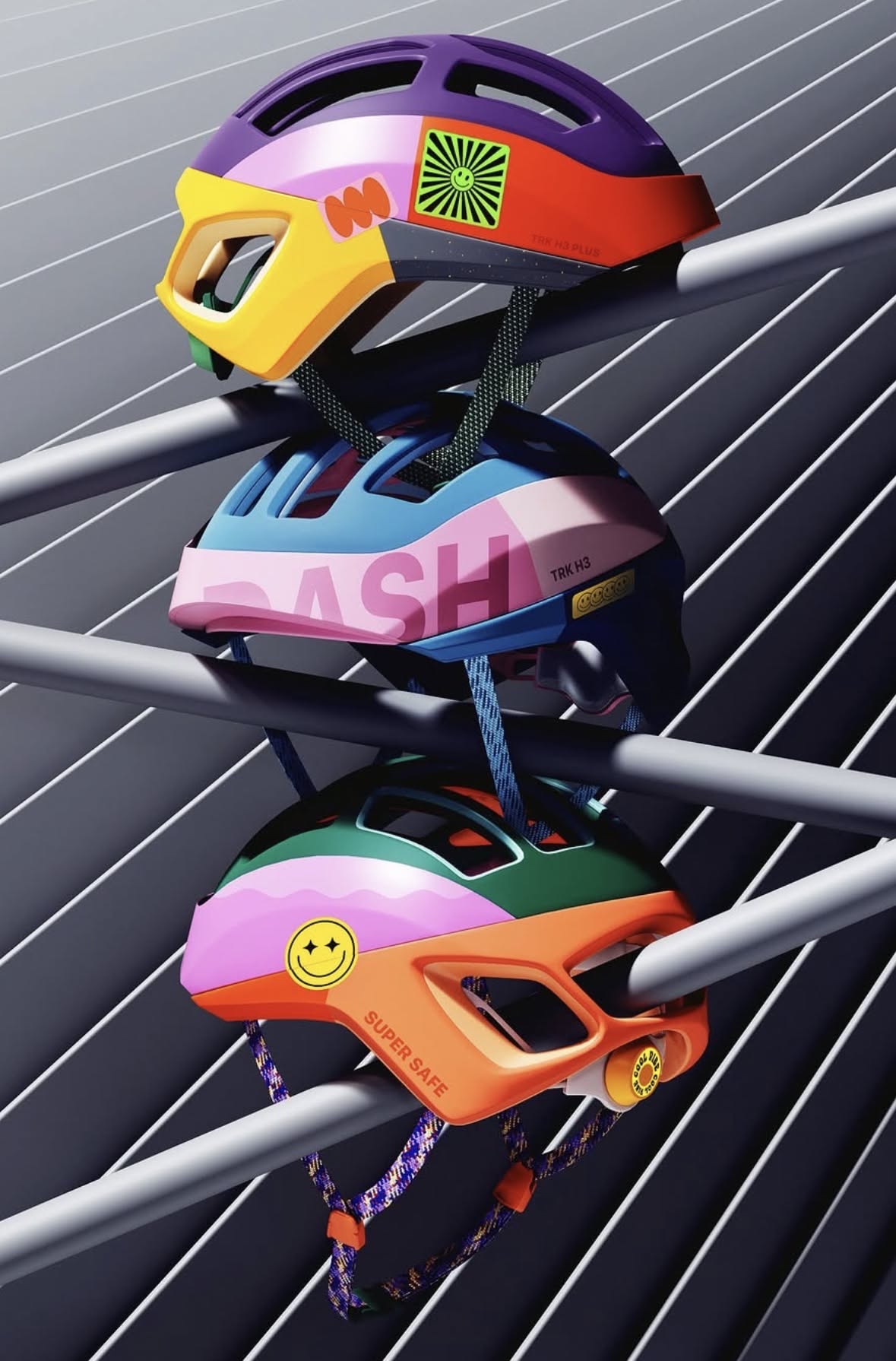 Story: Unexpected stacked colorful helmet composition