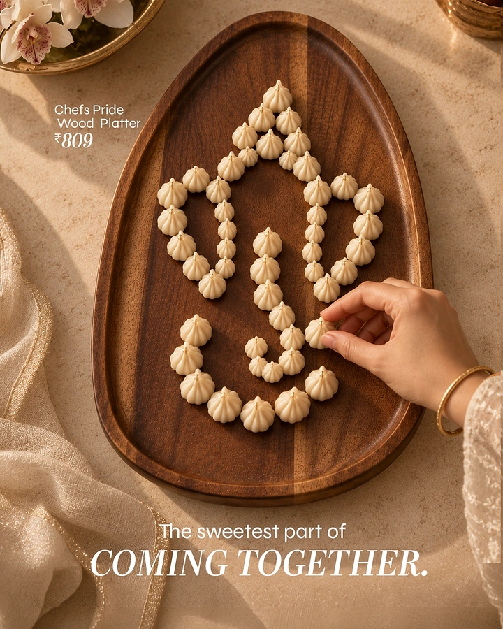 Ganesh Chaturthi creative ad: Modaks arranged as Ganesha on a walnut wood platter
