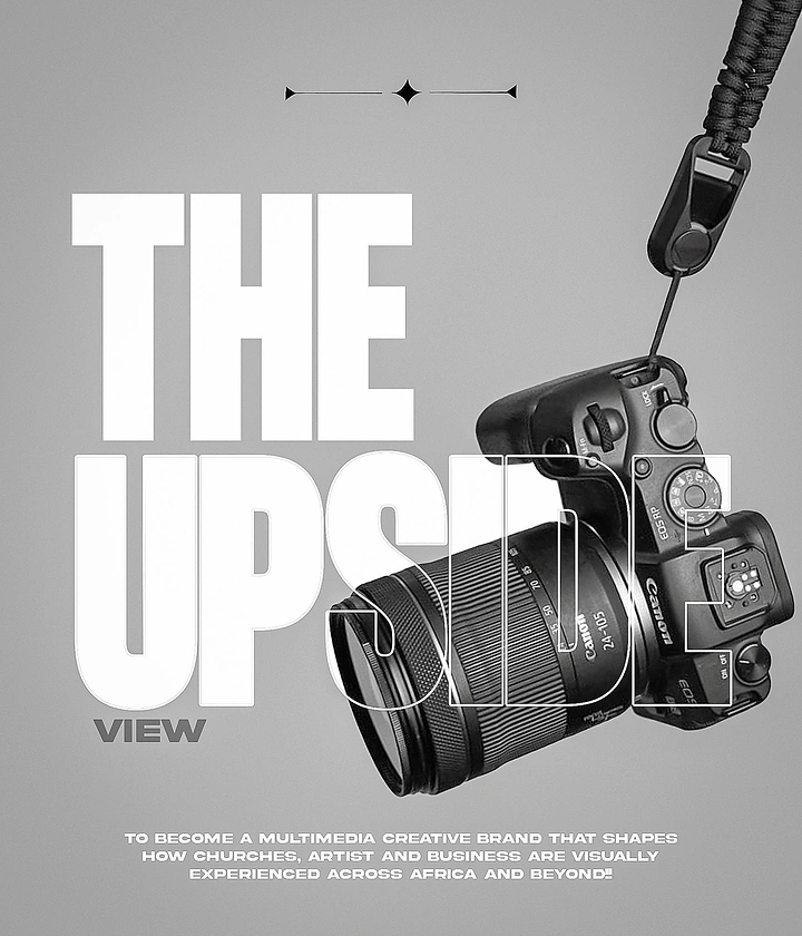 Photography creative ad: Hanging camera interlocks with bold 'UPSIDE' type