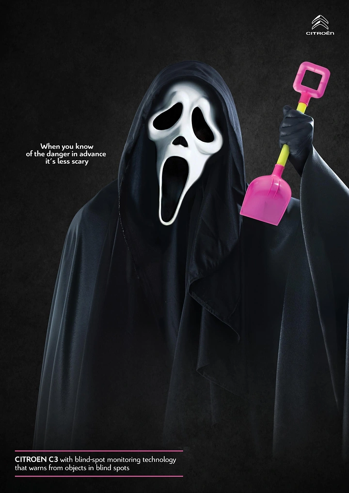 Halloween creative ad: Masked horror slasher holding a pink toy sand shovel