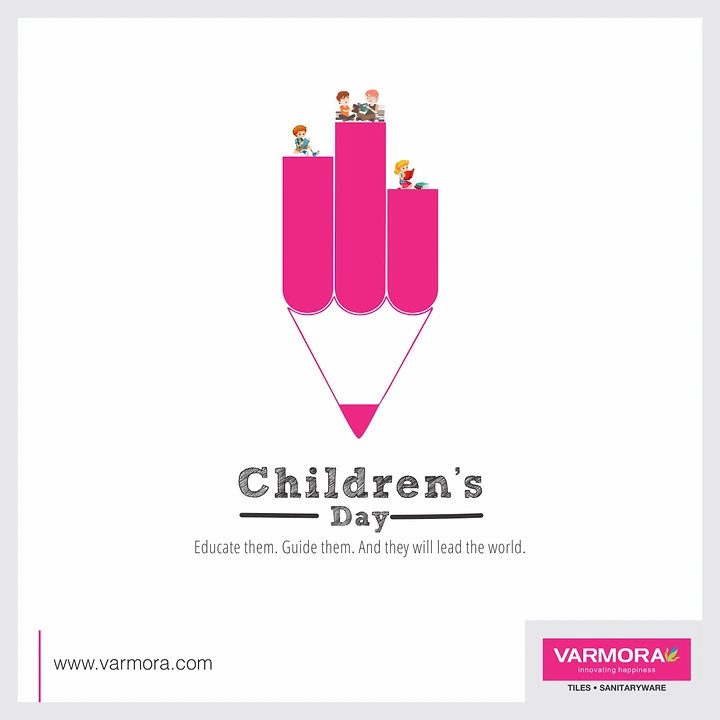 Children's Day creative ad: Pencil whose body is three stepped bars topped by reading children