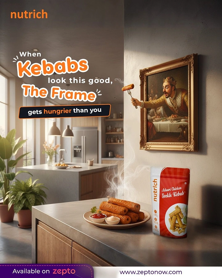 Frozen Foods & Ready-to-Cook creative ad: King in a painting reaching out of the frame to fork a kebab