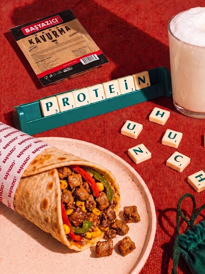Arabic & Middle Eastern Restaurants creative ad: Protein wordplay with tactile letter tiles