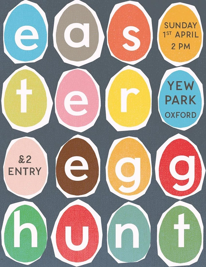 Easter creative ad: Grid of colourful paper-cut eggs, each holding one letter