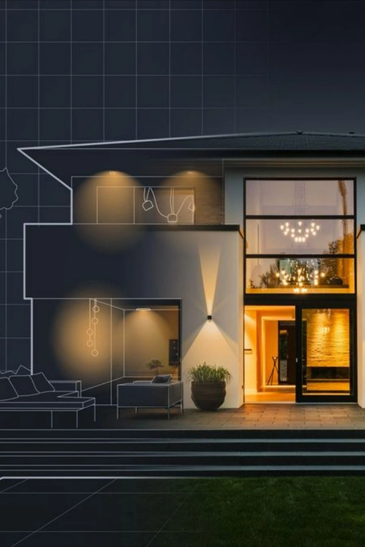 Lighting Stores & Lamps creative ad: Blueprint overlay turns facade lighting into architecture