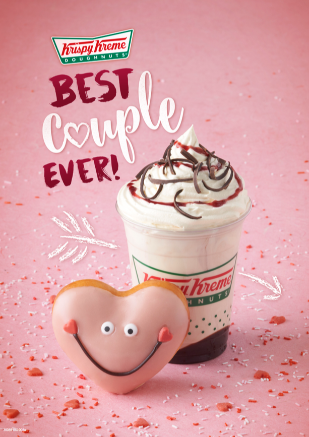Valentine's Day Poster: Smiling heart-shaped pink doughnut paired with a whipped-cream frozen drink