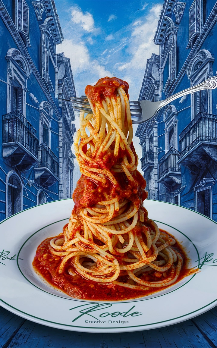 Italian Restaurants creative ad: Towering spaghetti becomes surreal city landmark