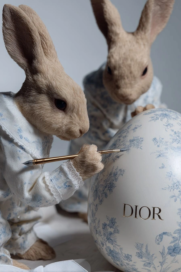 Easter creative ad: Dressed rabbits painting a toile-patterned giant egg