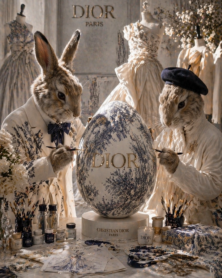 Easter creative ad: Two dressed rabbits hand-painting a giant toile-patterned egg in a couture atelier
