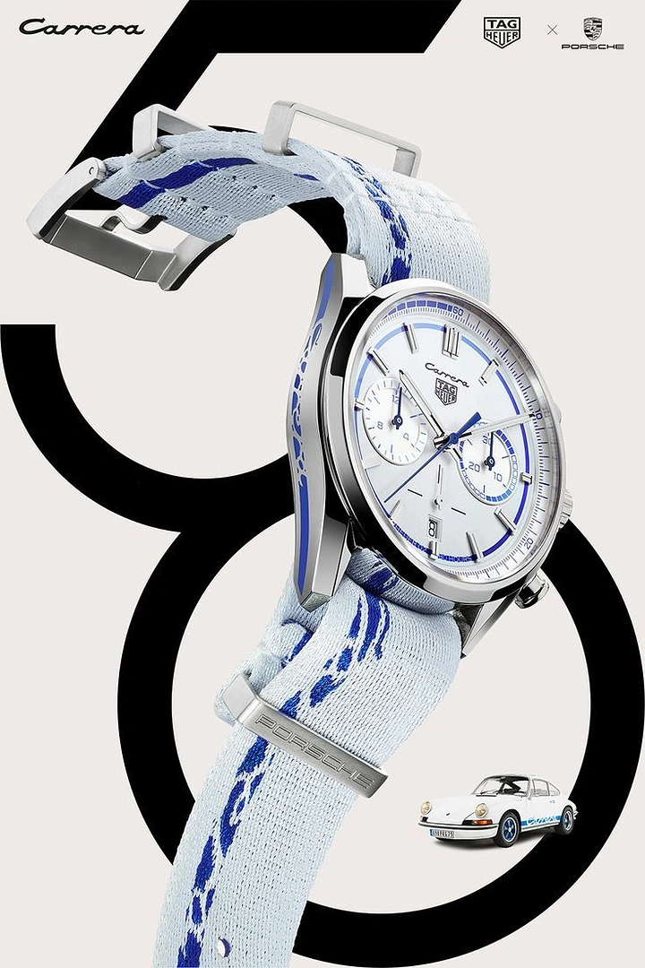 Creative ad: White-and-blue chronograph on a fabric strap curling through a giant black number