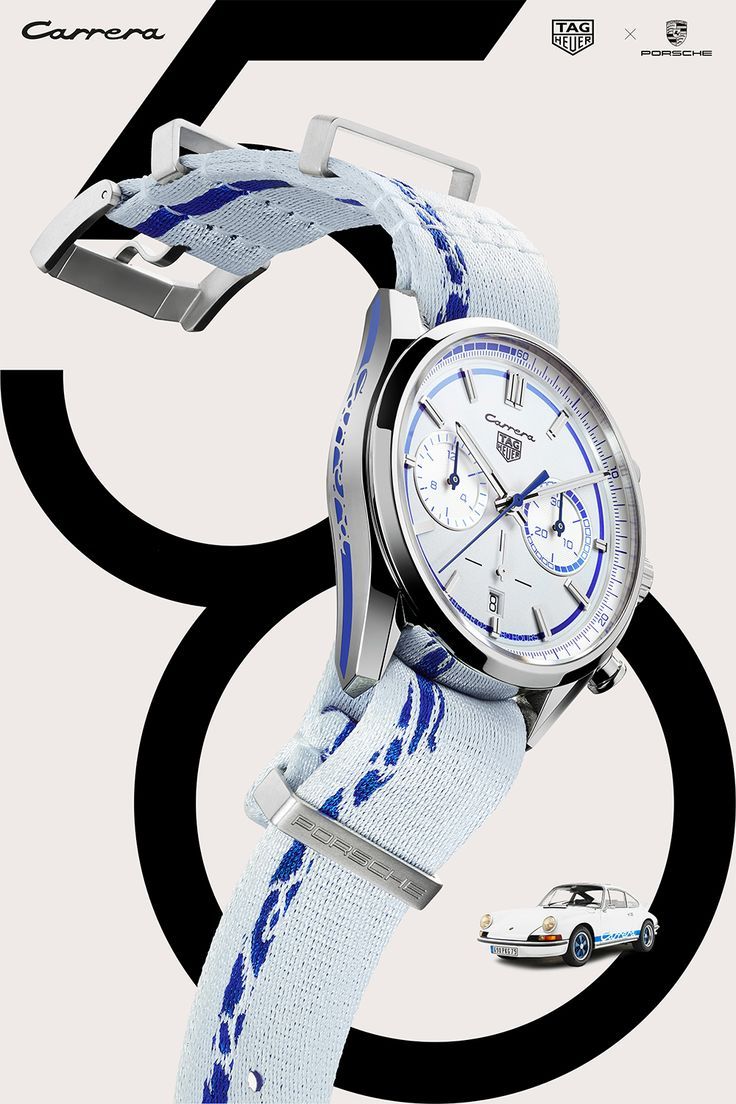 Poster: White-and-blue chronograph on a fabric strap curling through a giant black number