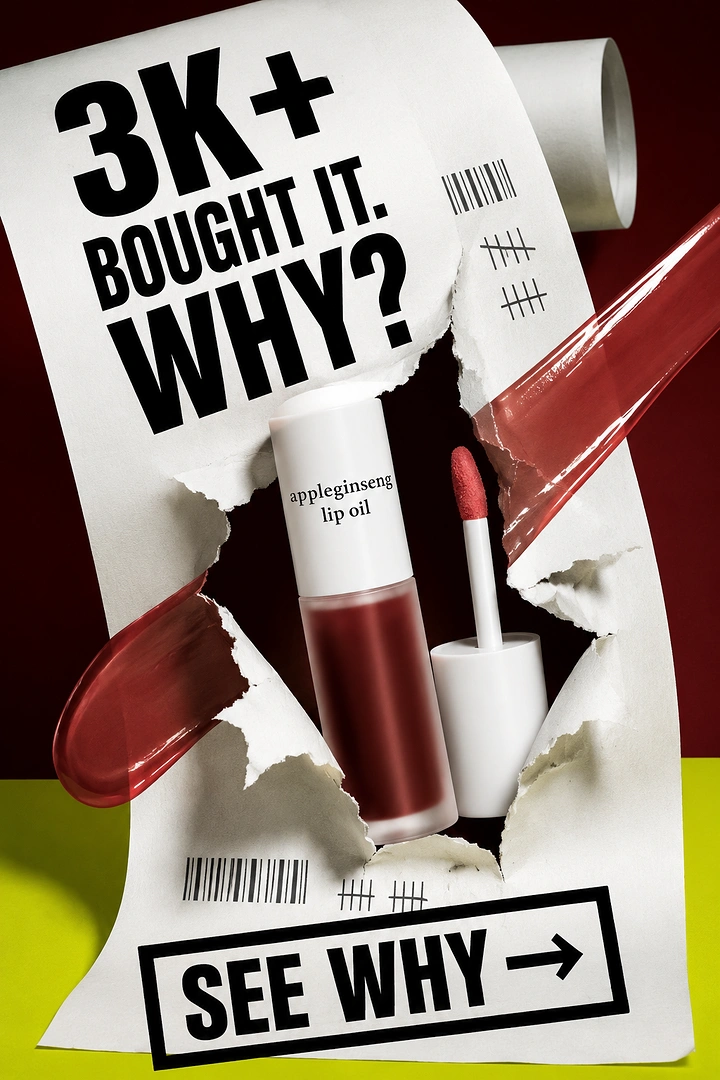 Skincare & Cosmetics creative ad: Lip oil bottle bursting through a torn paper receipt