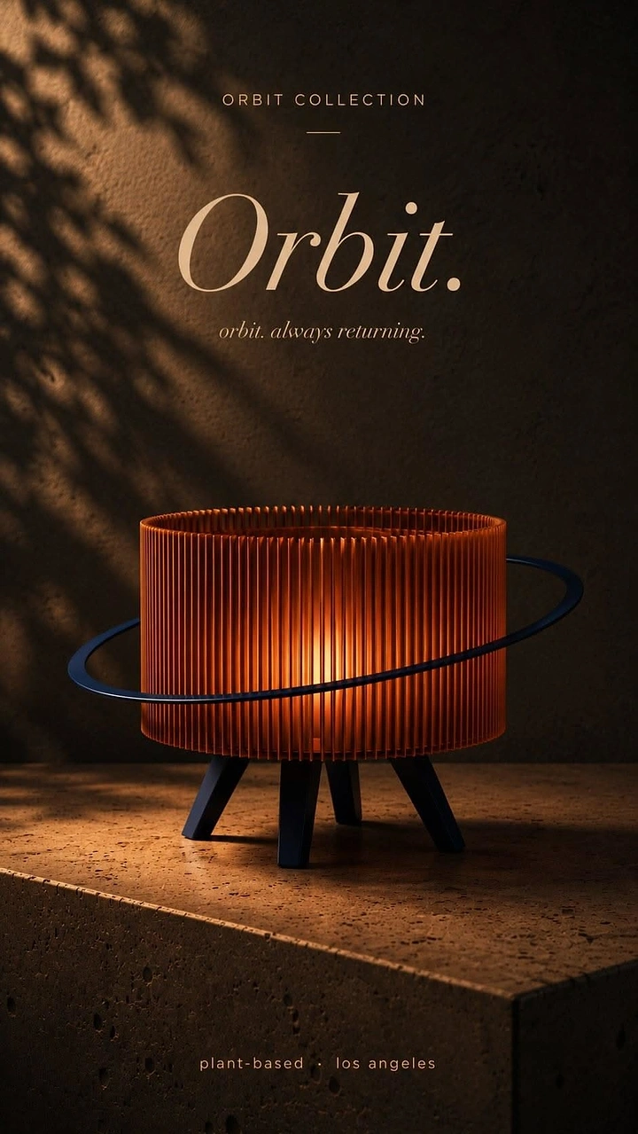 Home Decor creative ad: A glowing ribbed cylindrical lamp encircled by a dark orbital ring