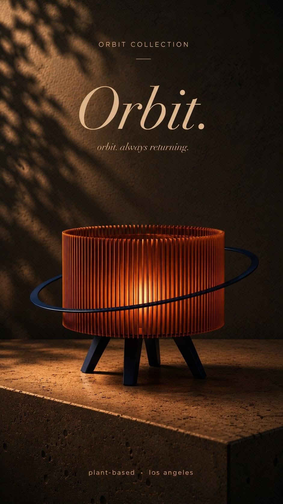 Poster: A glowing ribbed cylindrical lamp encircled by a dark orbital ring