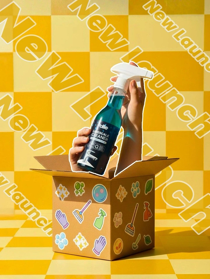 Cleaning Services creative ad: Spray bursting from sticker-covered launch box