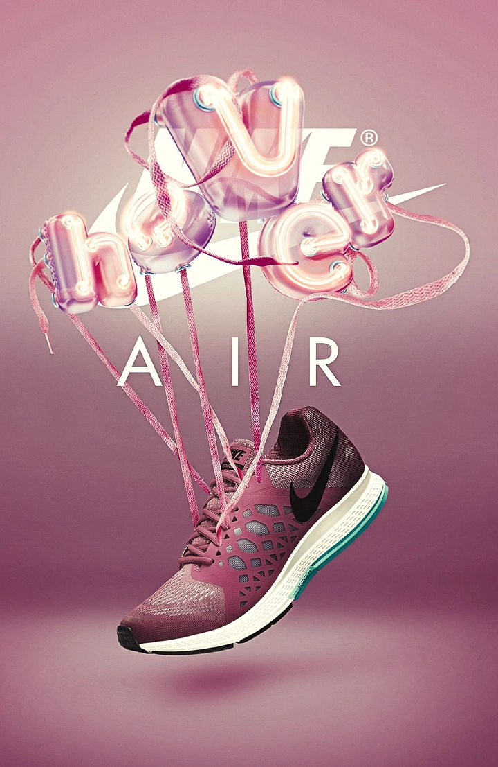 Sneakers & Footwear creative ad: Running shoe lifted by neon-tube balloon letters tied with laces