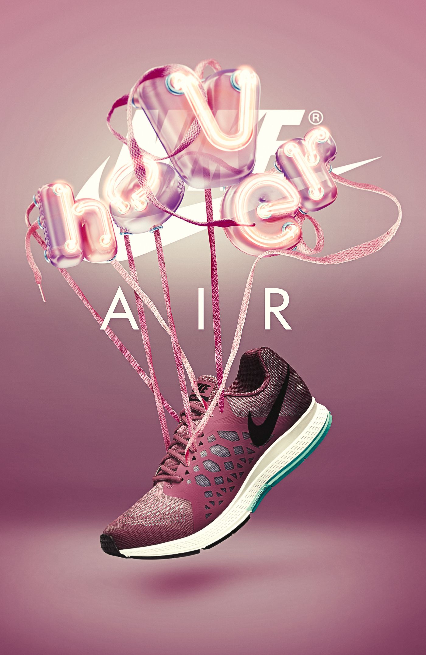 Poster: Running shoe lifted by neon-tube balloon letters tied with laces