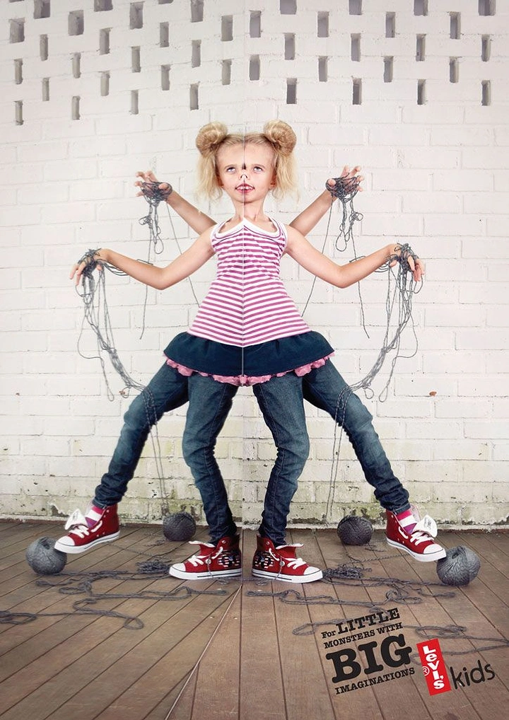 Kids Clothing creative ad: Four-armed kid, big imagination idea