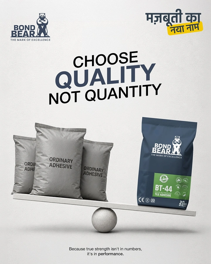 Tiles & Sanitaryware creative ad: Seesaw with one premium adhesive bag outweighing three ordinary grey bags