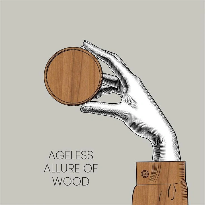 Carpenters & Woodwork creative ad: Engraved hand with wooden cuff holds disc